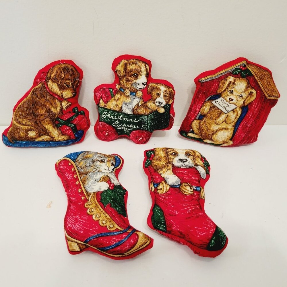 5 Mini Puppy Dog Kitty Cat Kitten Holiday Christmas Plush Fabric Hand Sewn